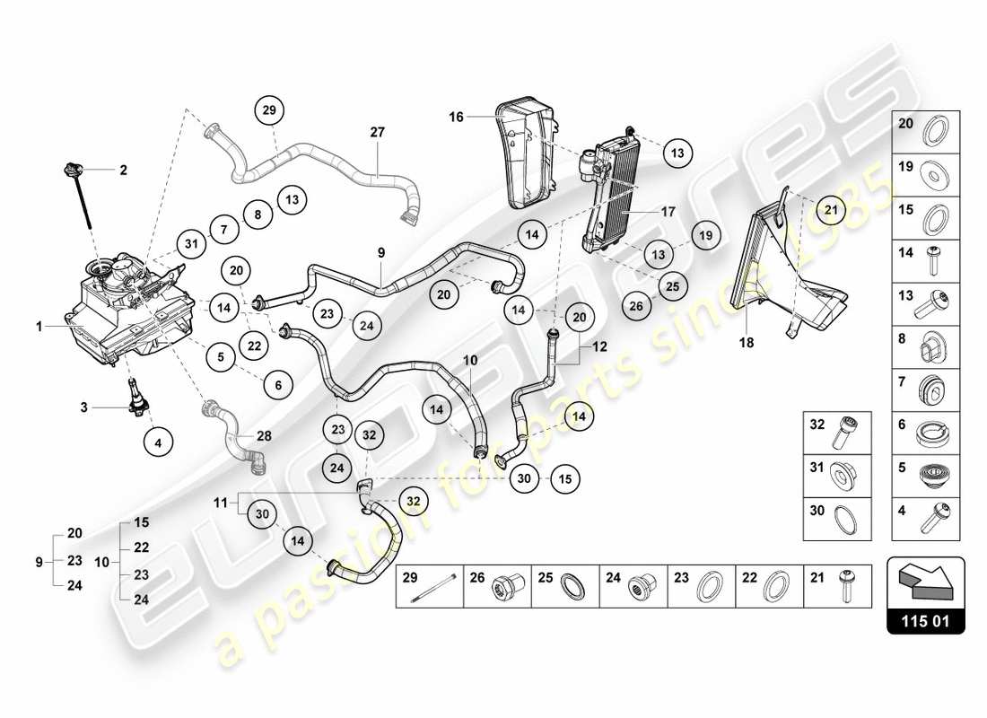 lamborghini 2020 (performante coupe) système hydraulique et récipient de fluide avec connect. pièces diagramme des pièces