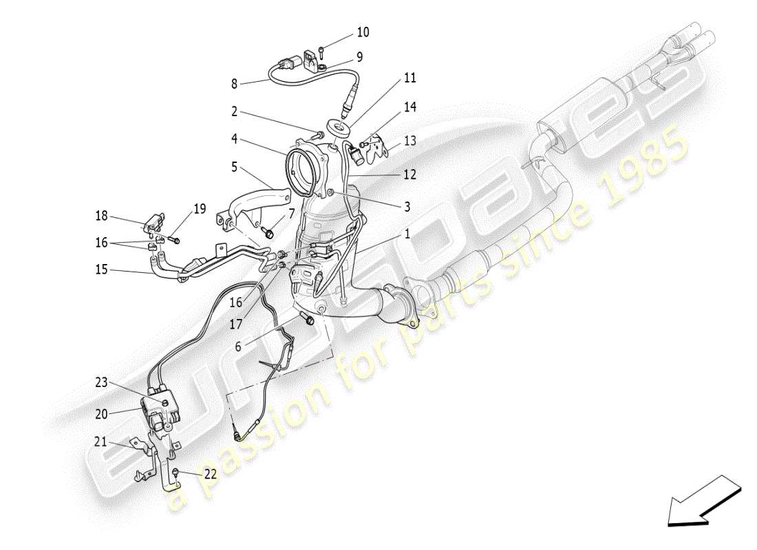 maserati ghibli (2021) diagramme des pièces des convertisseurs pré-catalytiques et des convertisseurs catalytiques