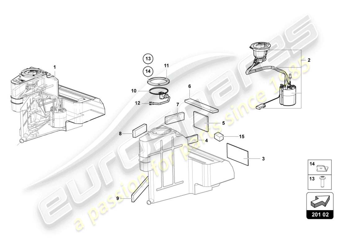 lamborghini 2015 (lp720-4 roadster 50) réservoir de carburant gauche schéma des pièces