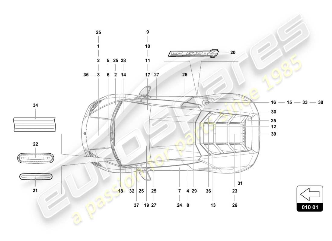lamborghini performante spyder (2019) inscriptions/lettrage diagramme des pièces