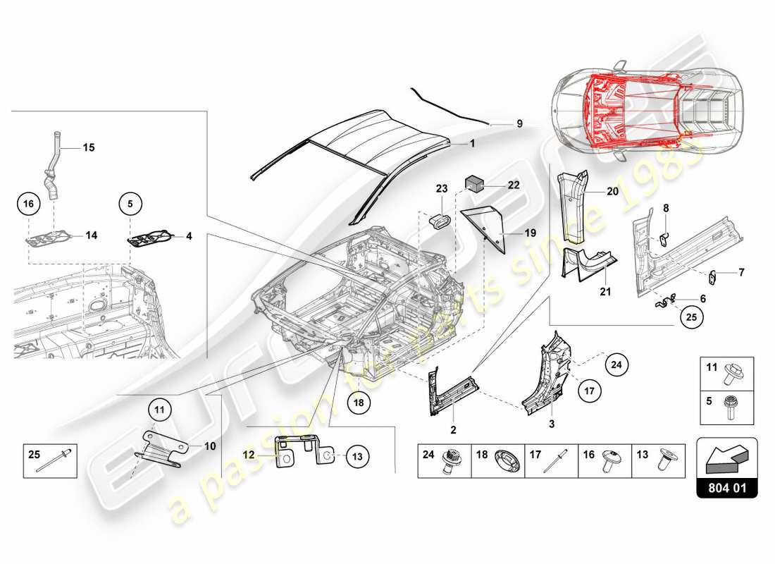 lamborghini performante coupe (2020) toit schéma des pièces