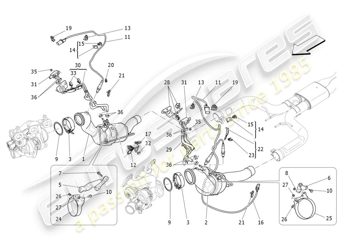 maserati levante gt (2022) diagramme des pièces des convertisseurs pré-catalytiques et des convertisseurs catalytiques