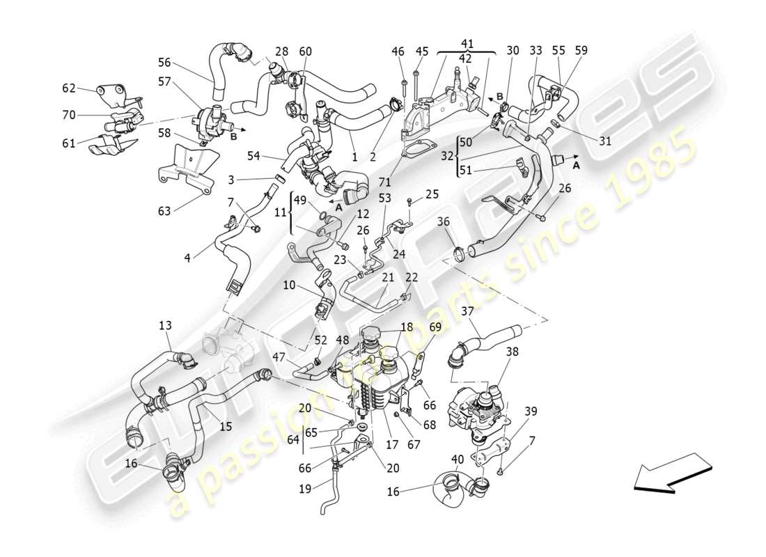 maserati levante gt (2022) système de refroidissement : diagramme de pièces nourice et lignes