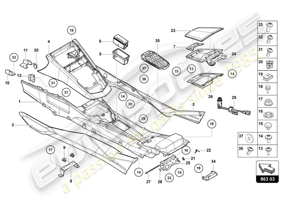 lamborghini lp740-4 s roadster (2018) tunnel arrière schéma des pièces