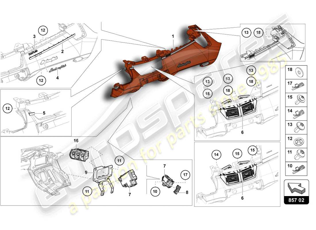 lamborghini lp750-4 sv roadster (2016) schéma des pièces du tableau de bord