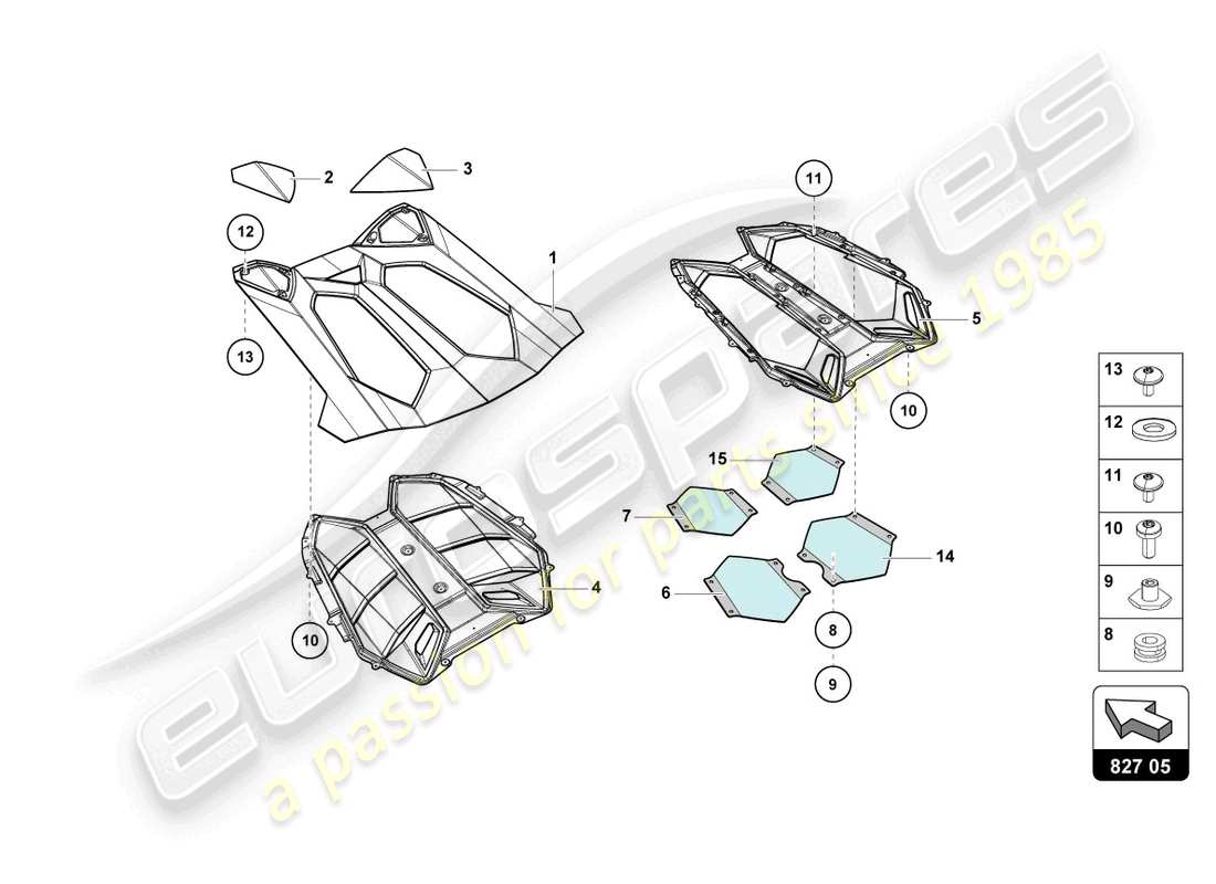 lamborghini lp750-4 sv roadster (2016) couvercle moteur avec insp. couverture diagramme de pièce