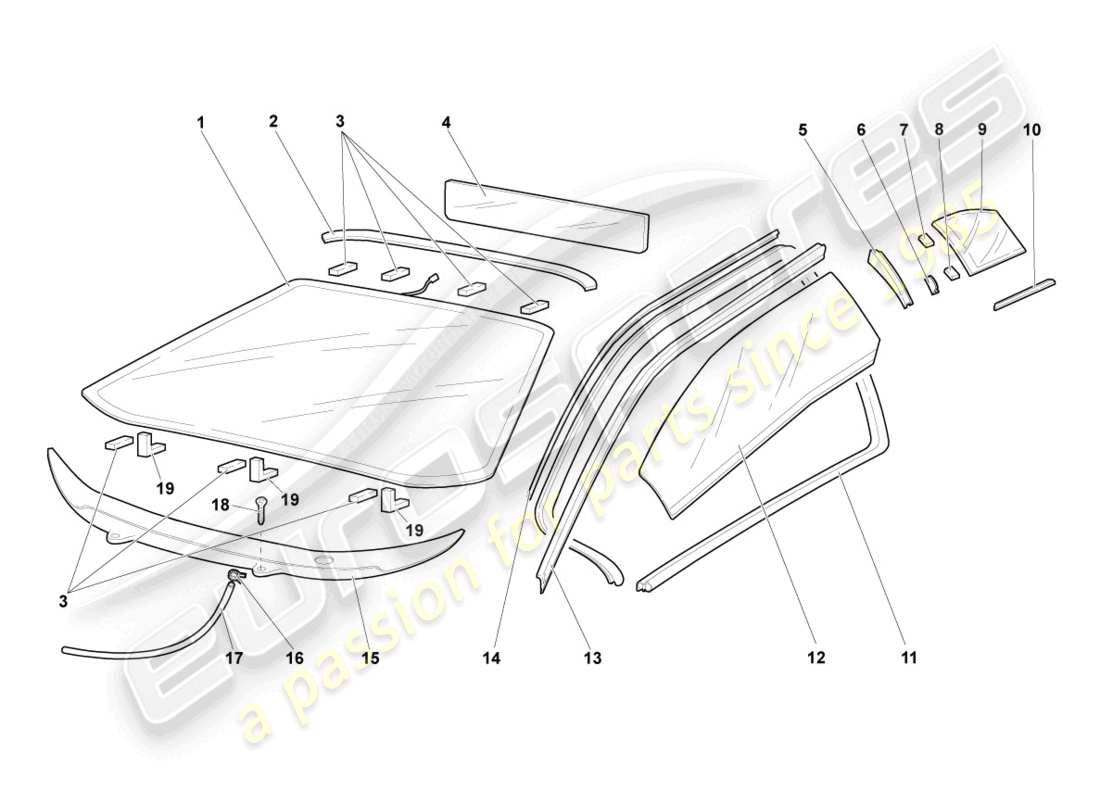 lamborghini murcielago coupe (2006) lunettes de fenêtre schéma des pièces