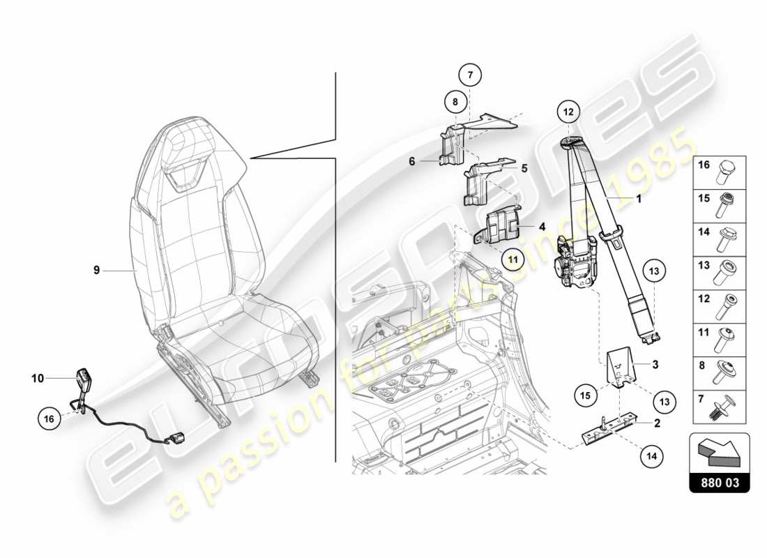 lamborghini performante spyder (2020) schéma des pièces des ceintures de sécurité