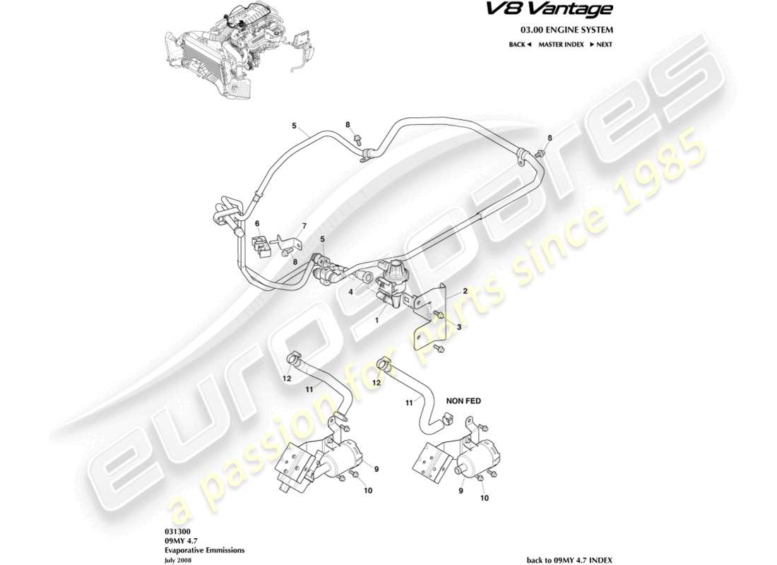 aston martin v8 vantage (2008) diagramme des pièces relatives aux émissions par évaporation