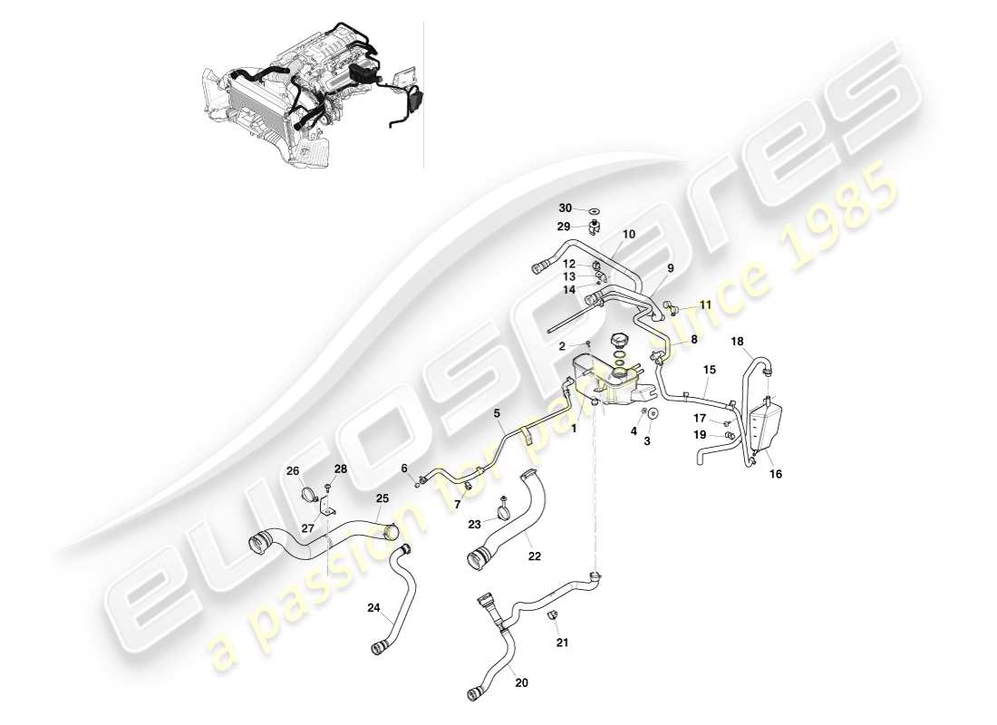 aston martin v8 vantage (2007) schéma des pièces des tuyaux de liquide de refroidissement et du réservoir