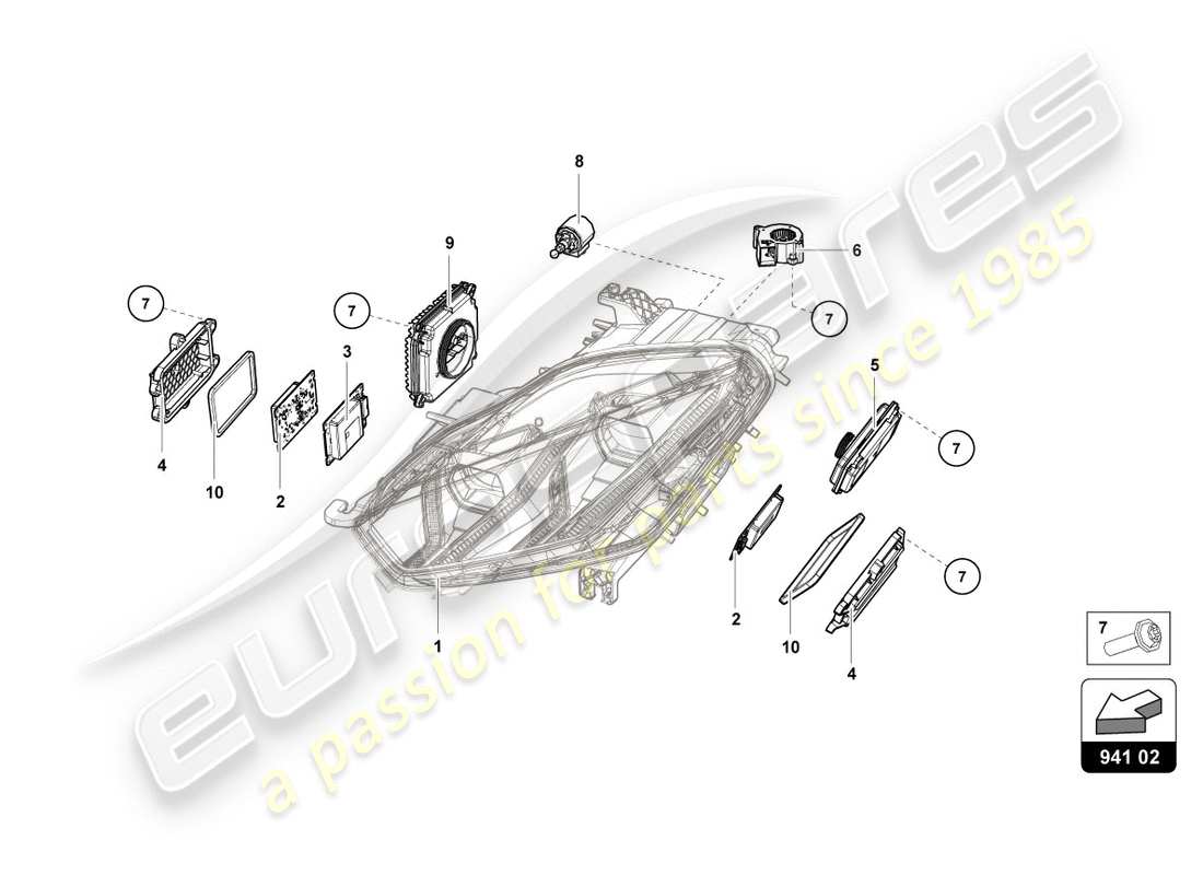 lamborghini performante spyder (2020) système d'éclairage avant schéma des pièces