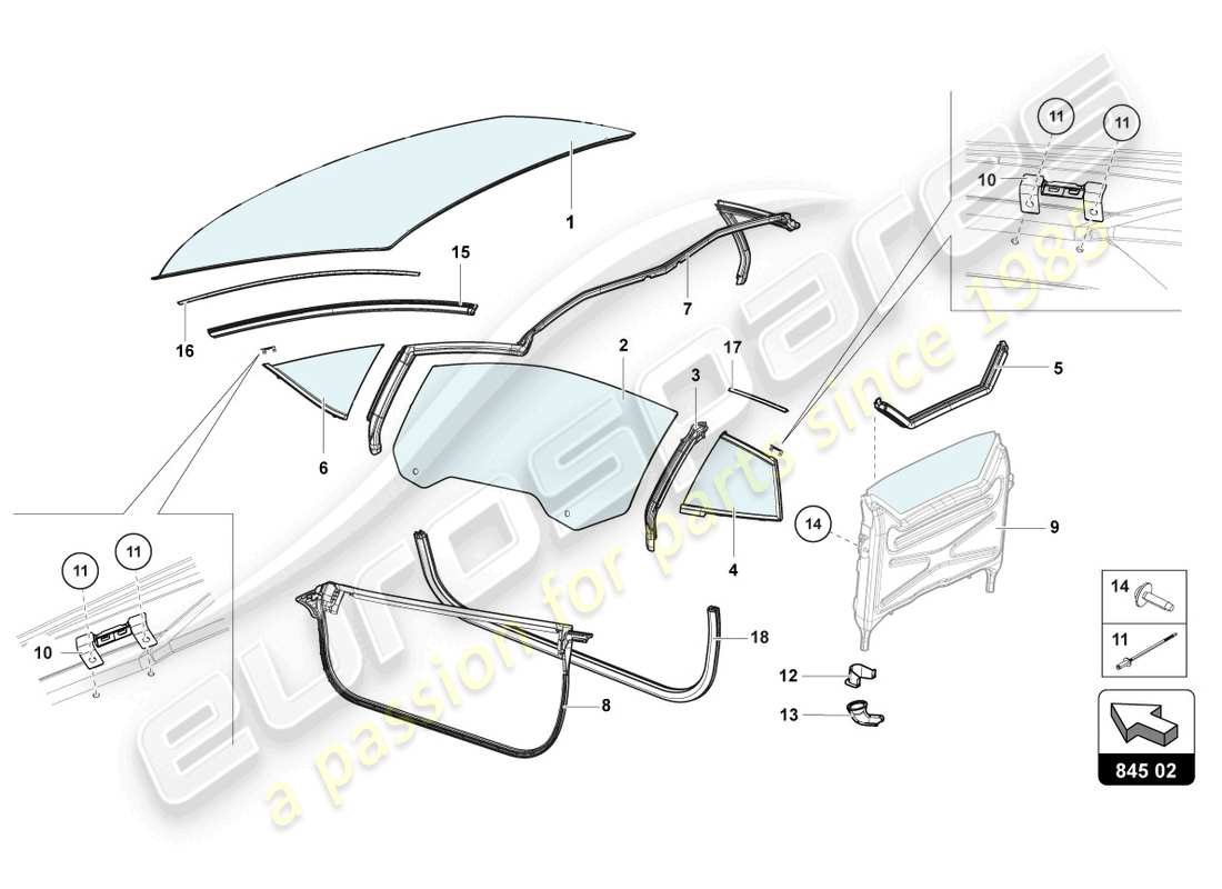 lamborghini lp740-4 s roadster (2020) lunettes de fenêtre schéma des pièces