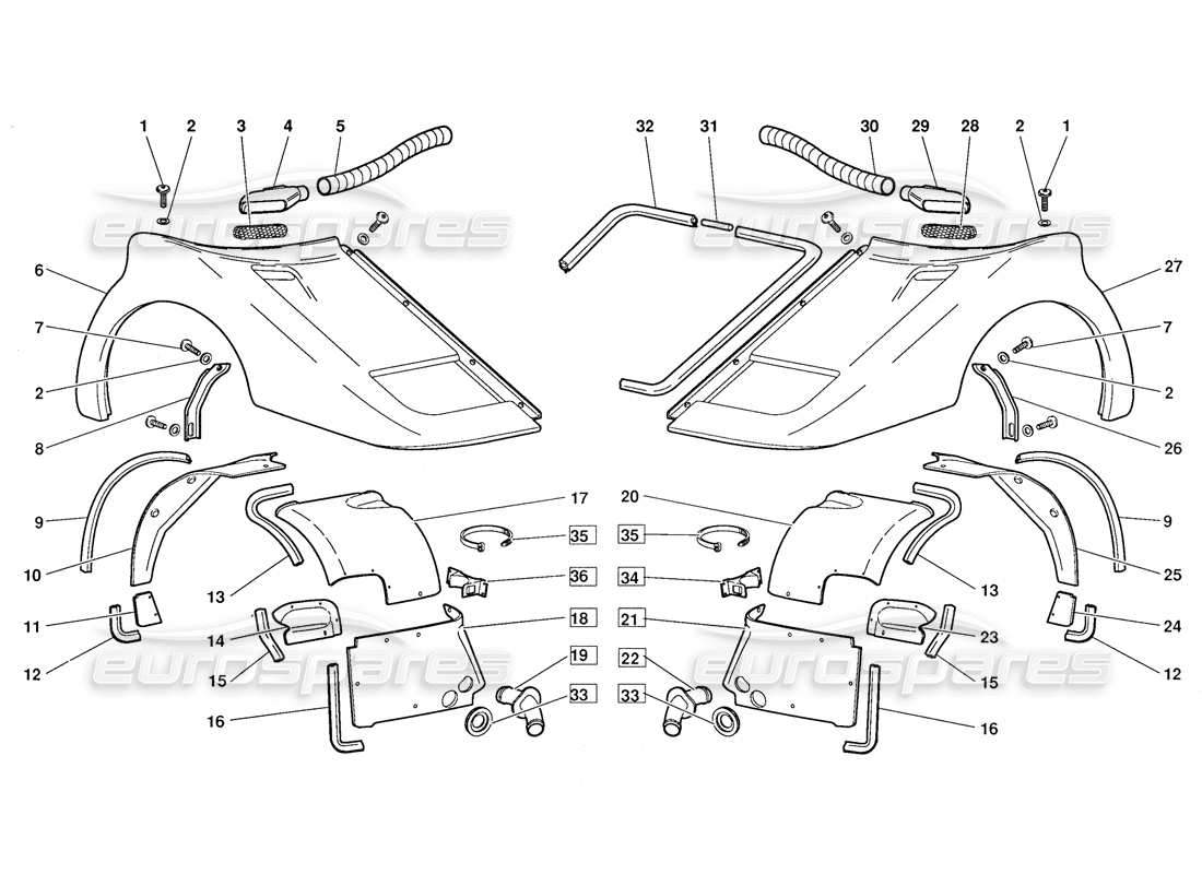 lamborghini diablo (1991) diagramme de pièce des éléments de carrosserie avant (valable pour la version 1991 d'octobre)