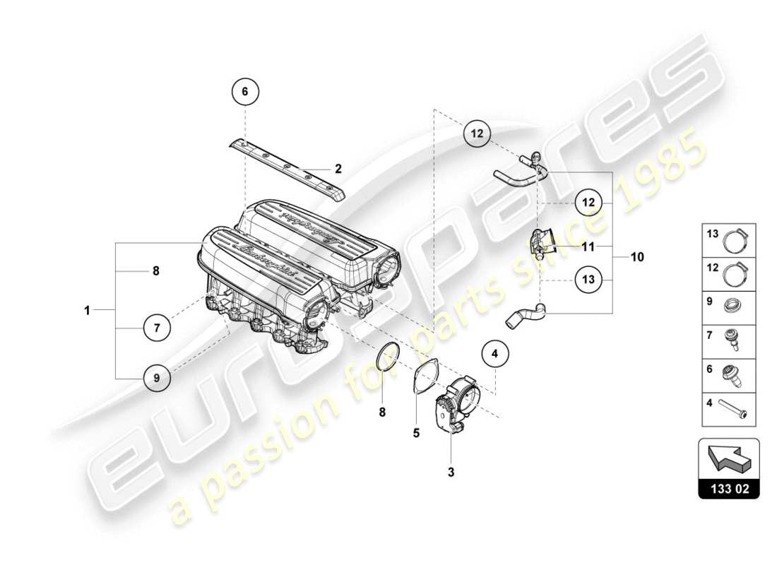 lamborghini evo spyder (2020) collecteur d'admission schéma des pièces