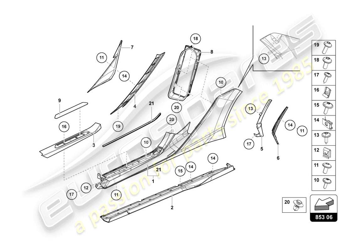 lamborghini sian (2021) latéral extérieur inférieur pour carter de roue schéma des pièces