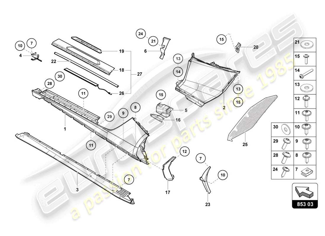 lamborghini 2021 (lp740-4 s coupe) latéral extérieur inférieur pour carter de roue schéma des pièces