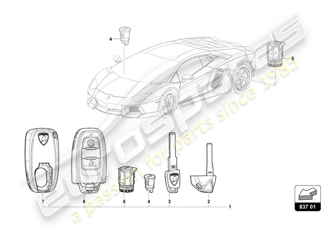 lamborghini lp700-4 coupe (2012) cylindre de serrure avec clés schéma des pièces