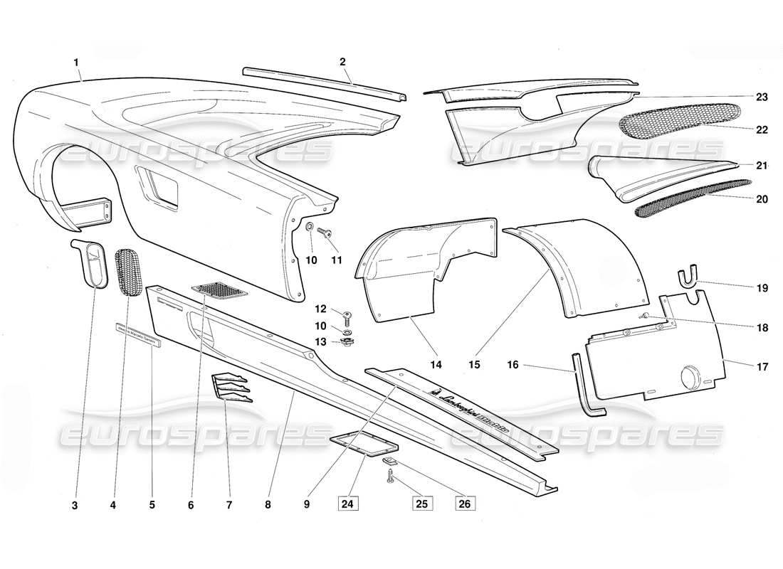 lamborghini diablo (1991) diagramme de pièce des éléments du corps – flanc droit (valable pour la version 1992 juin)