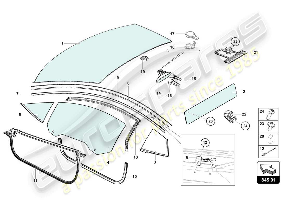 lamborghini lp740-4 s coupe (2021) lunettes de fenêtre schéma des pièces