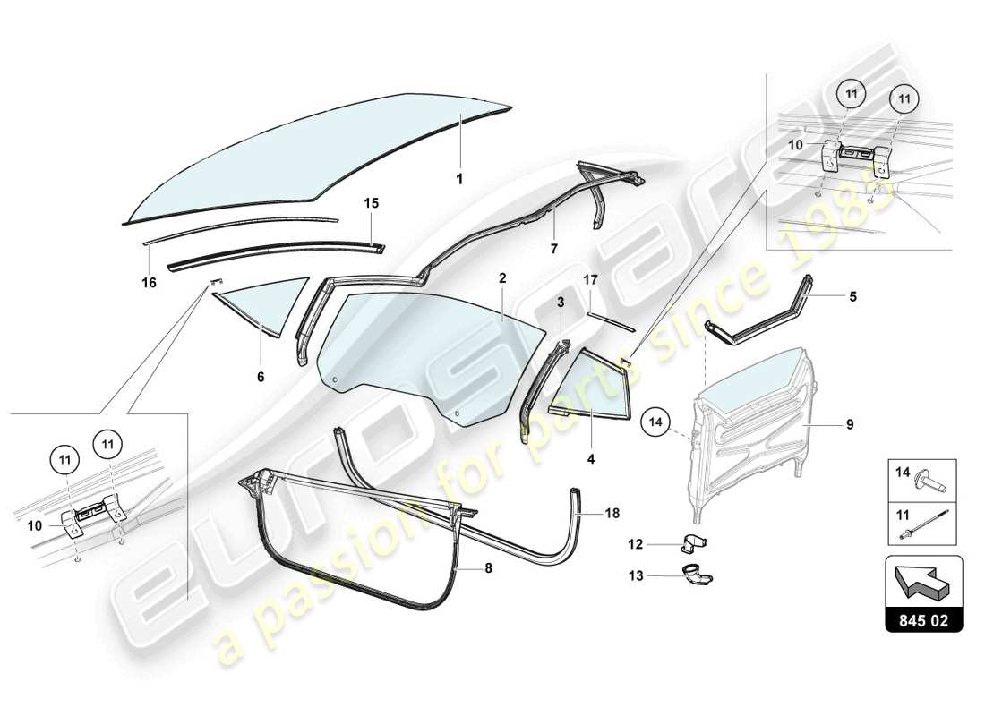 lamborghini lp750-4 sv roadster (2016) lunettes de fenêtre schéma des pièces