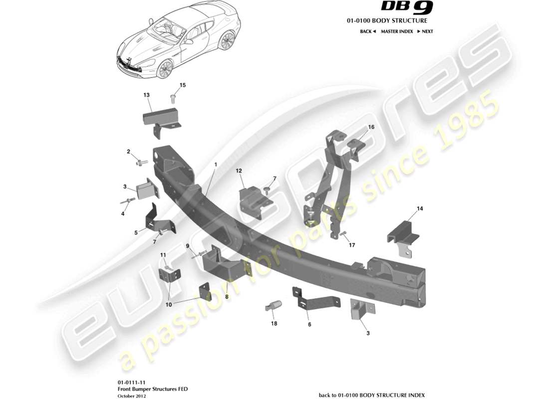 aston martin db9 (2016) structure du pare-chocs avant, schéma de la pièce fédérale