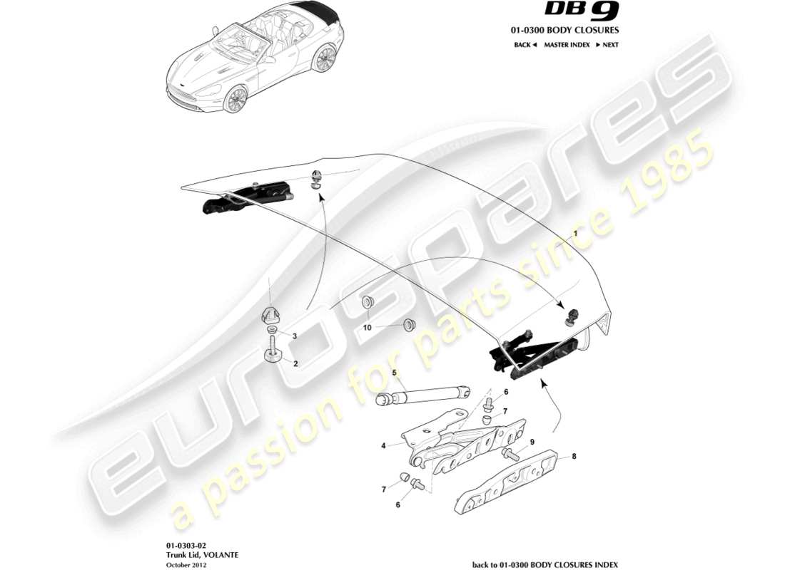 aston martin db9 (2013) couvercle et charnière de coffre, diagramme de pièce volante