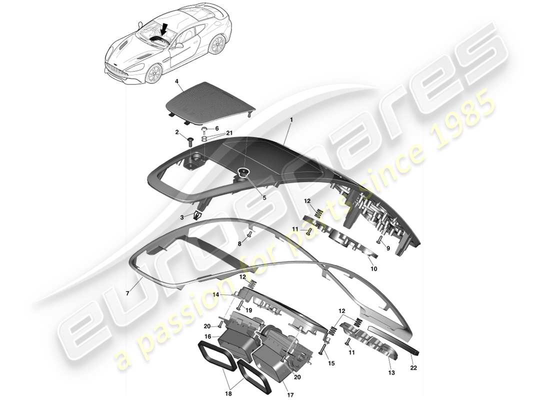 aston martin vanquish (2013) diagramme des pièces du panneau de garniture de la console centrale