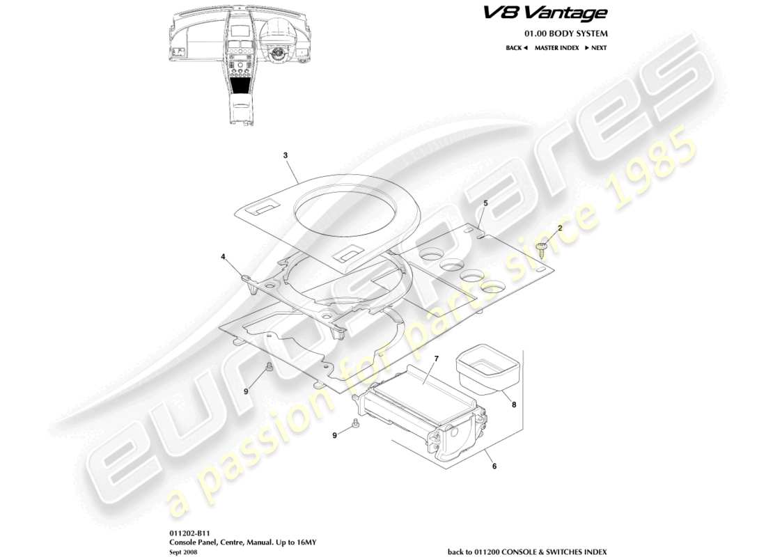 aston martin v8 vantage (2008) console avant, manuelle, vers 16my diagramme de pièces