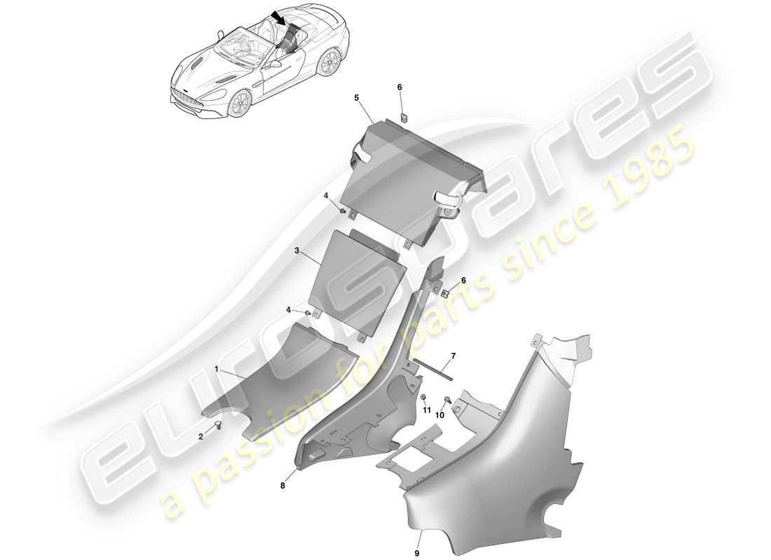 aston martin vanquish (2014) console arrière, diagramme de pièce volante