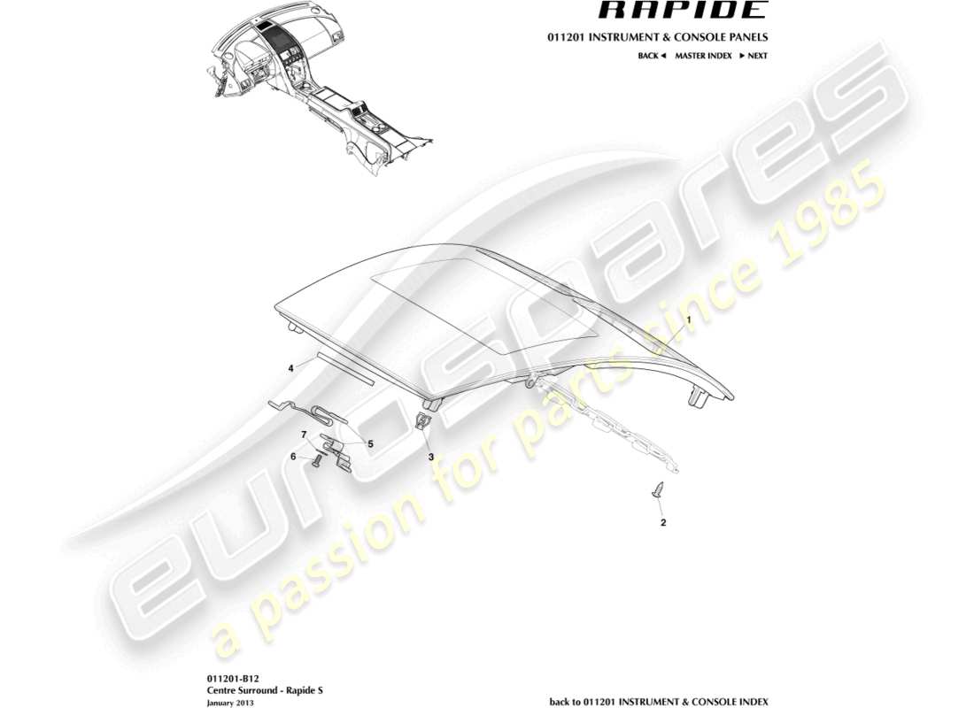 aston martin rapide (2012) panneau de garniture de console centrale, diagramme de pièces s