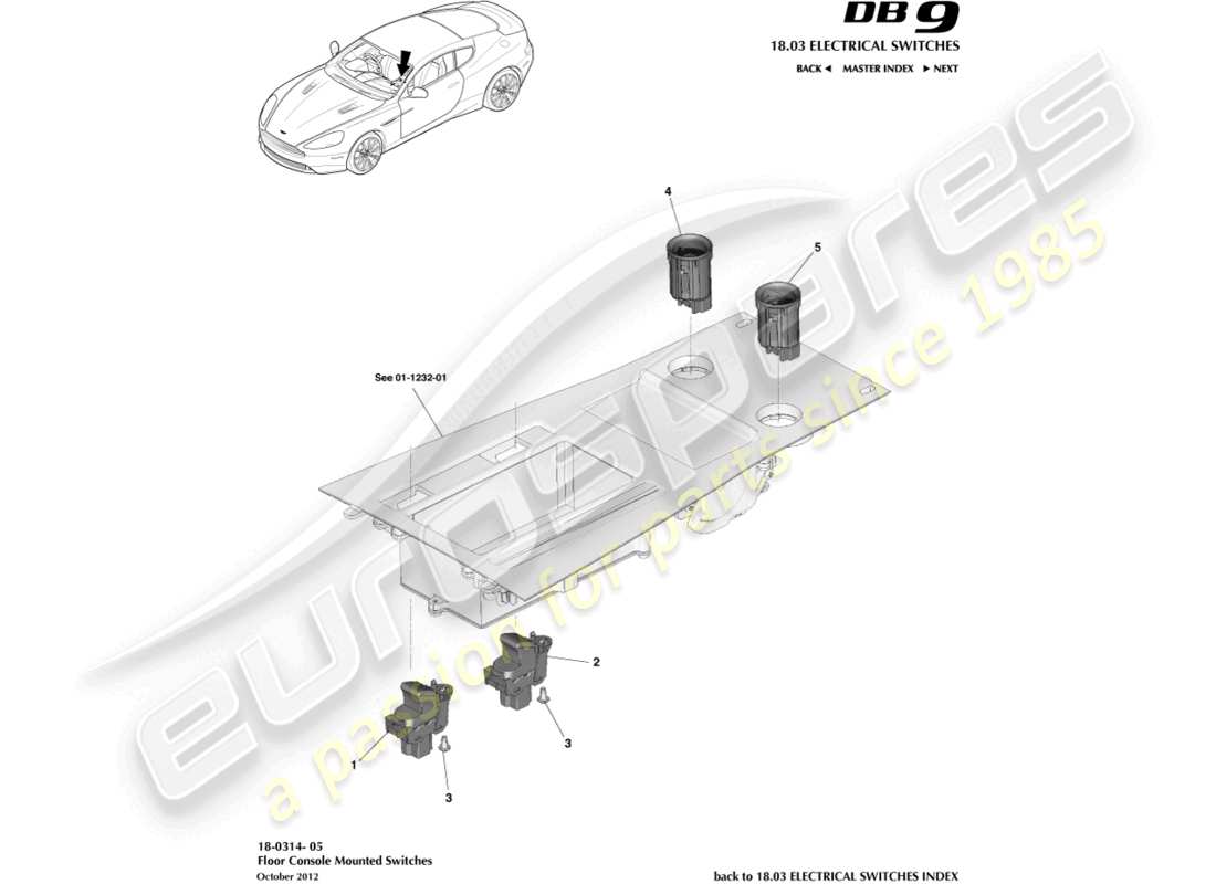 aston martin db9 (2013) schéma des pièces des commutateurs de console au plancher