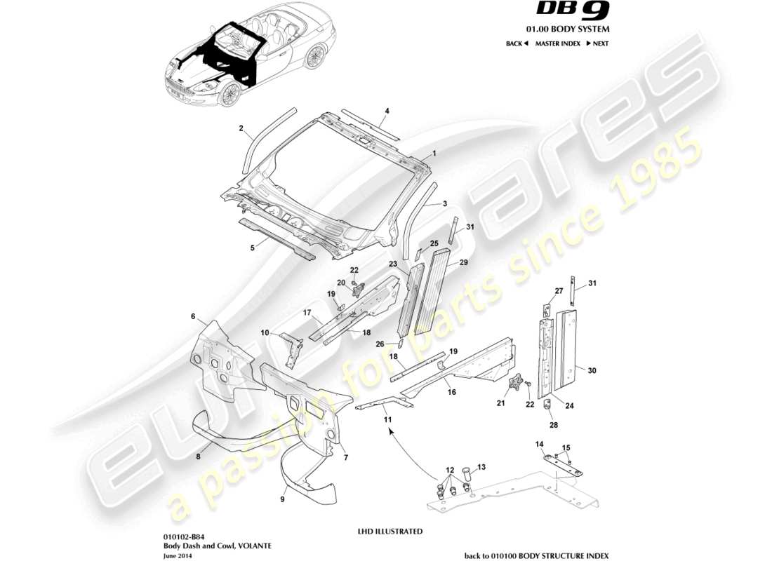 aston martin db9 (2006) tableau de bord et capot du corps, diagramme des pièces volantes