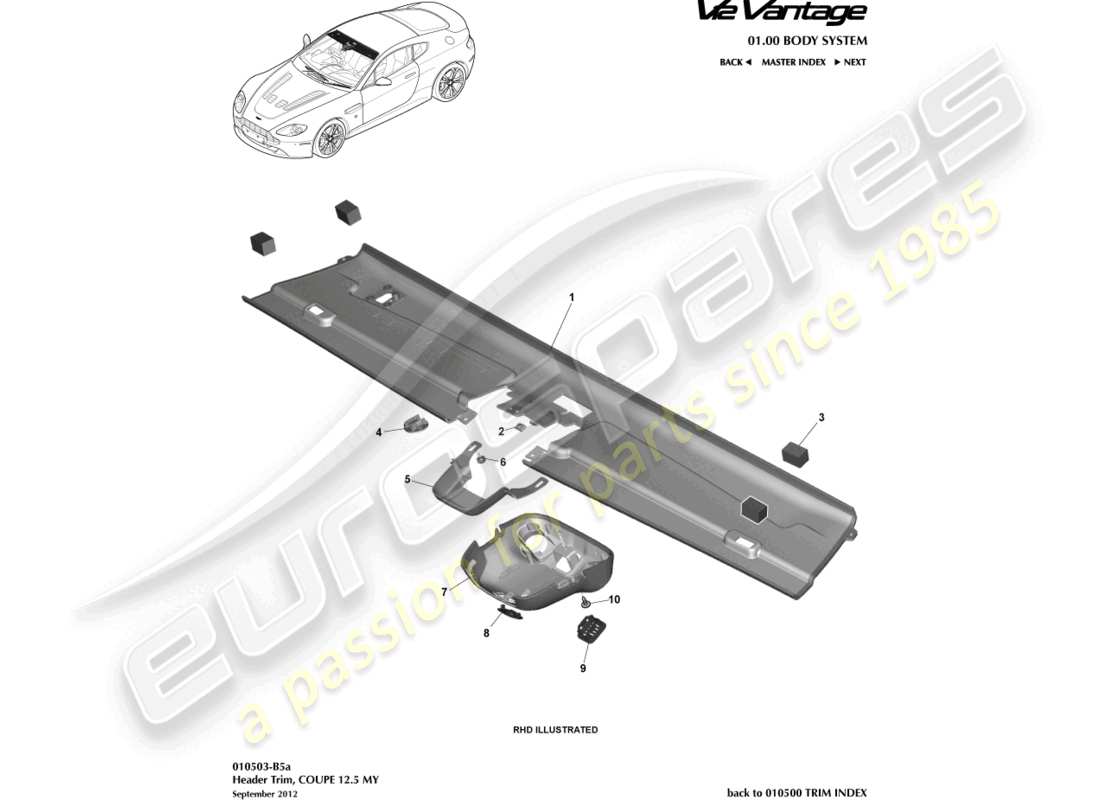 aston martin v12 vantage (2010) garniture de collecteur, coupé 12.5my diagramme de pièce