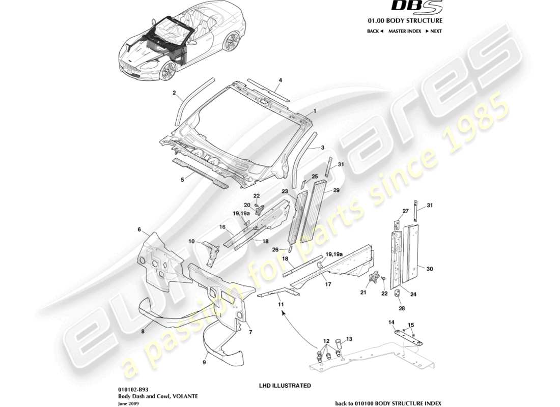 aston martin dbs (2010) tableau de bord et capot du corps, diagramme des pièces volantes