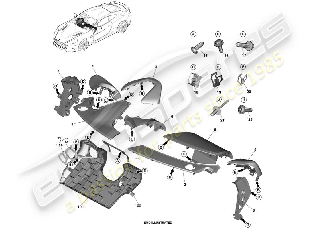 aston martin vanquish (2014) diagramme des pièces des panneaux garnis ip