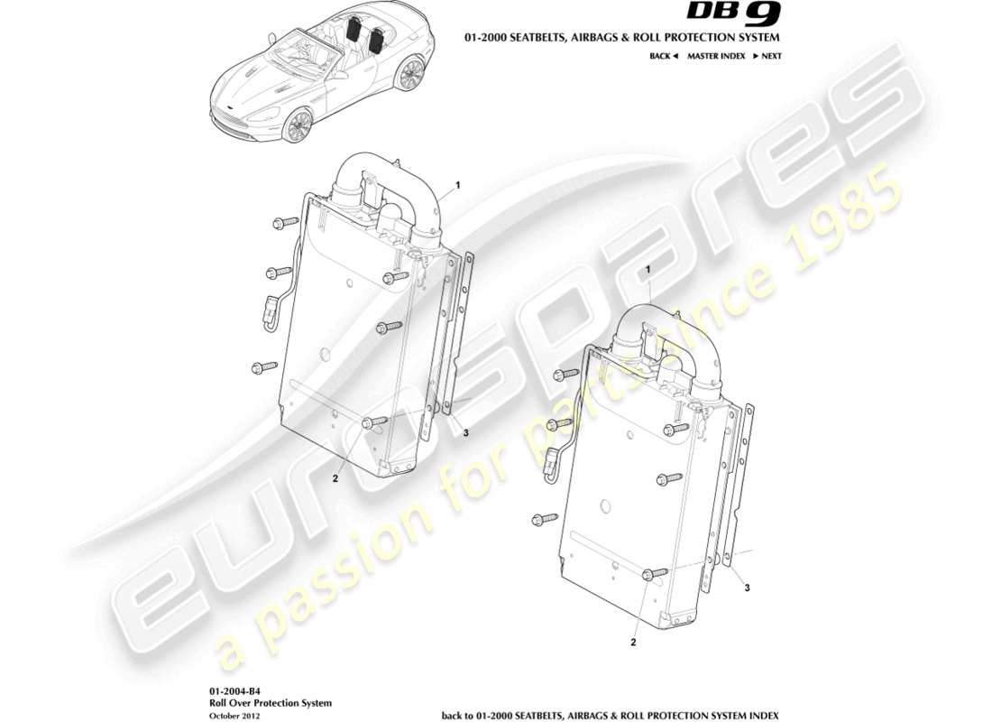 aston martin db9 (2013) arceau de sécurité déployable, diagramme de pièce volante