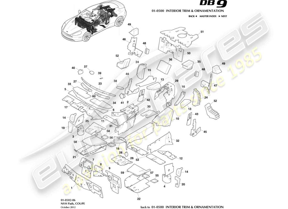 aston martin db9 (2017) plaquettes nvh, diagramme de pièce du coupé