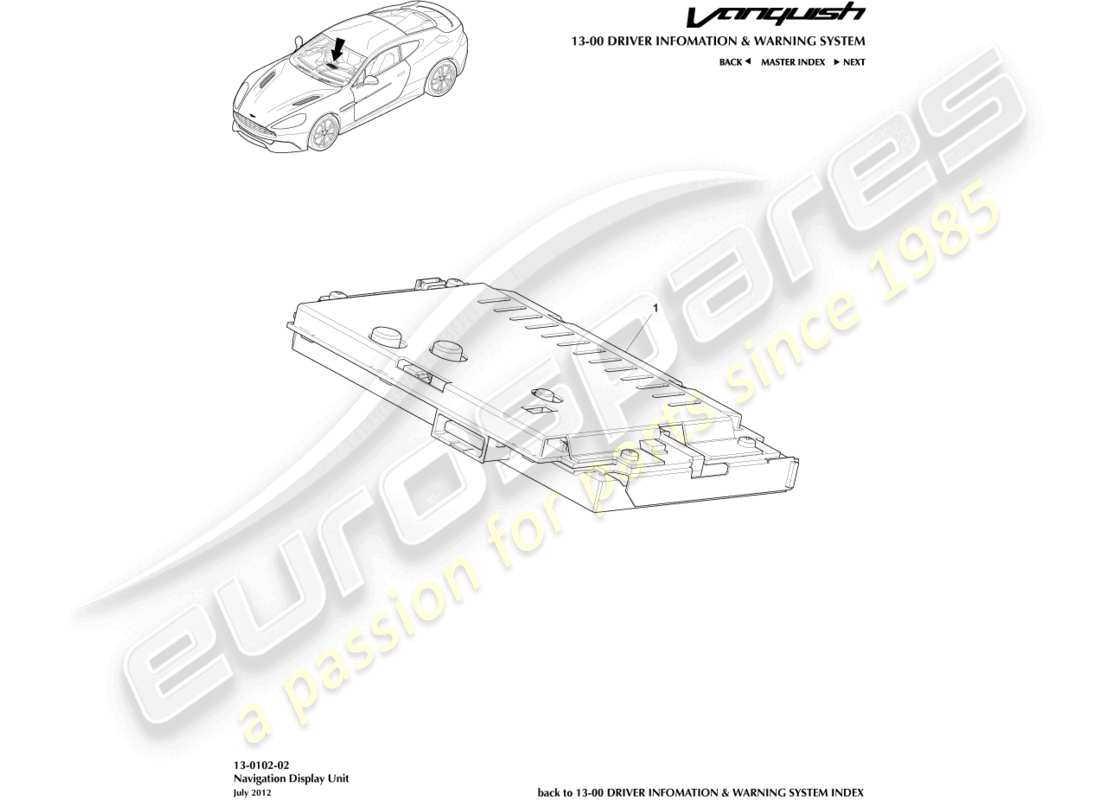 aston martin vanquish (2015) schéma des pièces de l'affichage de la navigation par satellite