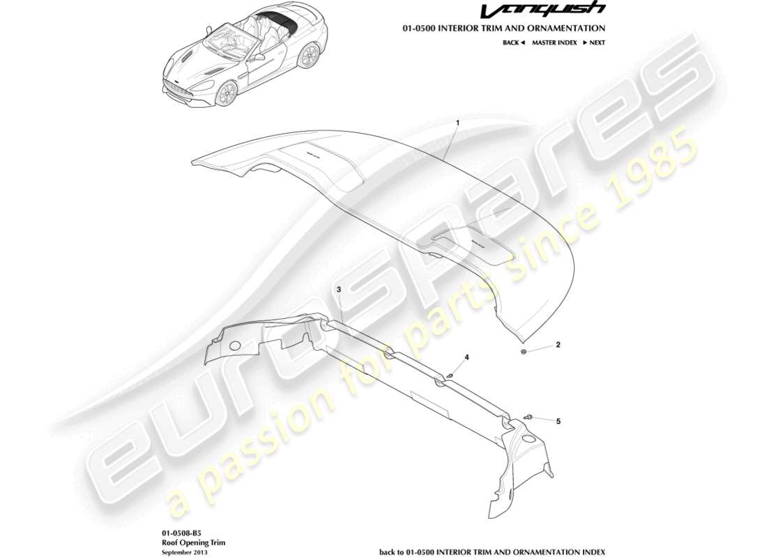 aston martin vanquish (2016) garniture d'ouverture de toit, diagramme de pièce volante