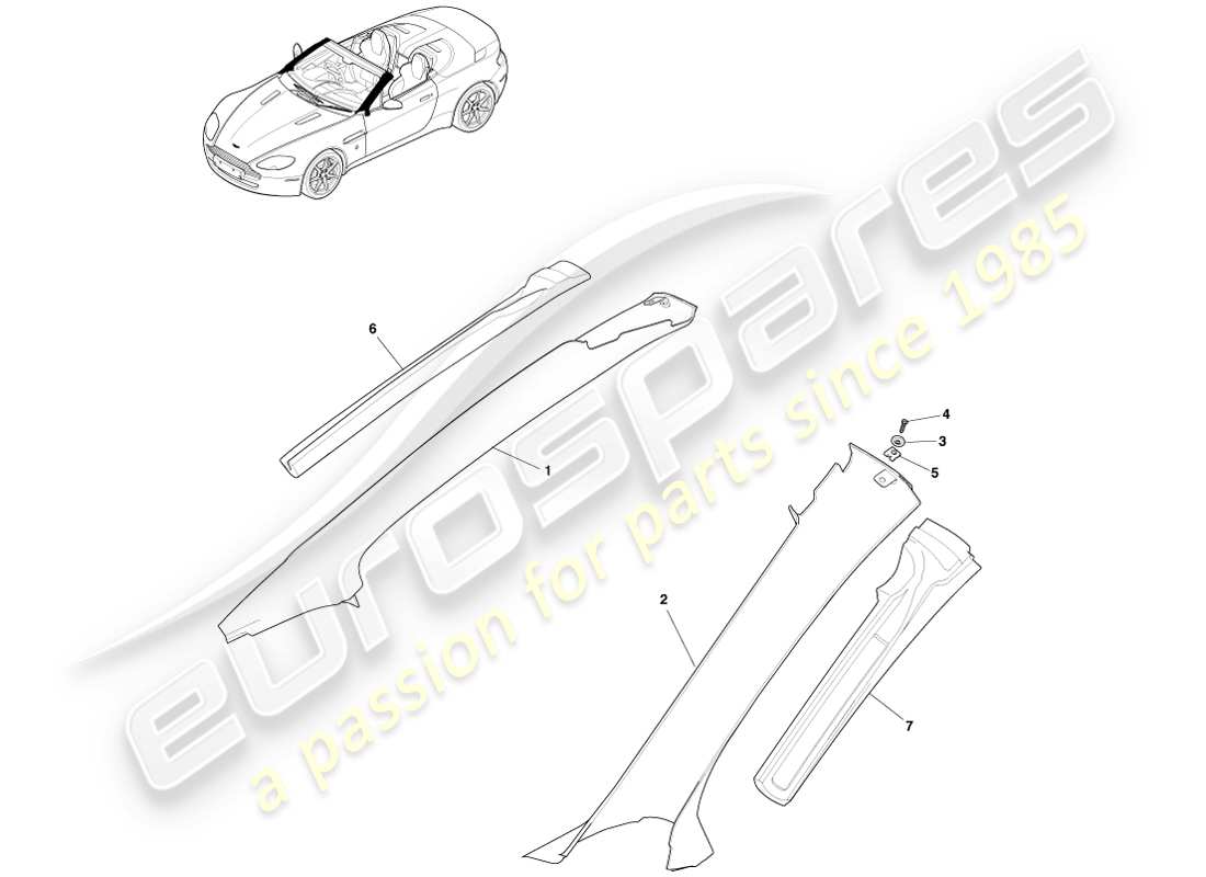 aston martin v8 vantage (2005) garniture de pilier, supérieure, diagramme de pièce du roadster