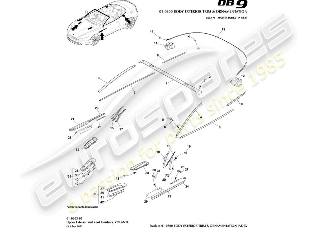 aston martin db9 (2017) finitions extérieures supérieures, volante schéma des pièces