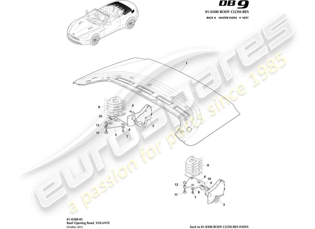 aston martin db9 (2017) panneau d'ouverture de toit, diagramme de pièce volante