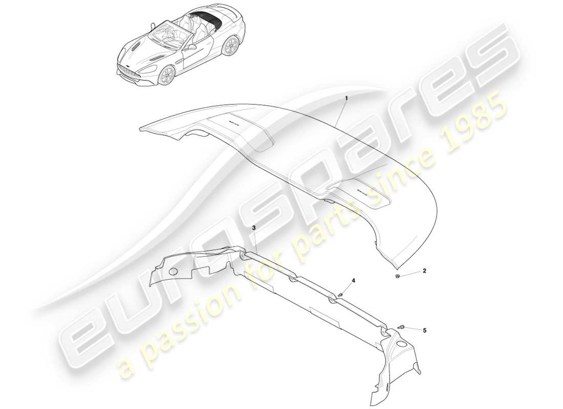 aston martin vanquish (2013) garniture d'ouverture de toit, diagramme de pièce volante