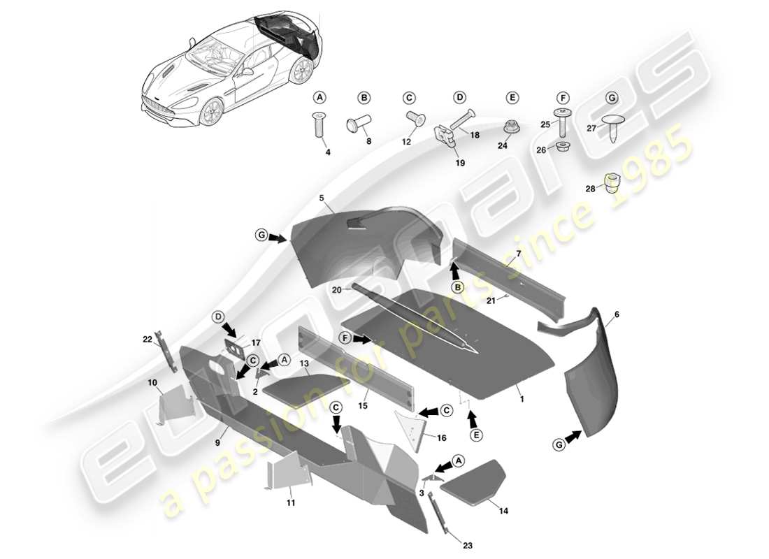 aston martin vanquish (2013) garniture du compartiment de chargement, coupé schéma des pièces