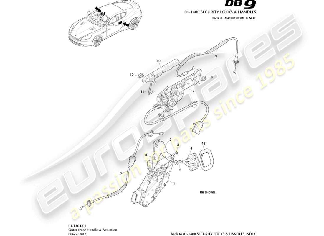 aston martin db9 (2016) diagramme des poignées extérieures et des pièces d'actionnement