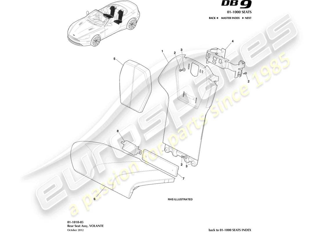 aston martin db9 (2017) sièges arrière, diagramme de pièce volante