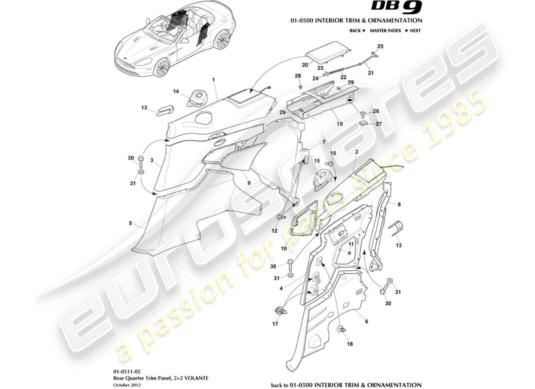 aston martin db9 (2013) panneau de garniture de custode arrière, 2+2 diagramme de pièce volante