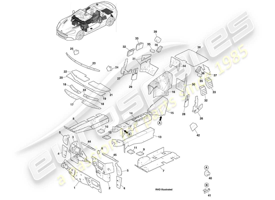 aston martin vanquish (2013) coussinets nvh, diagramme de pièce volante