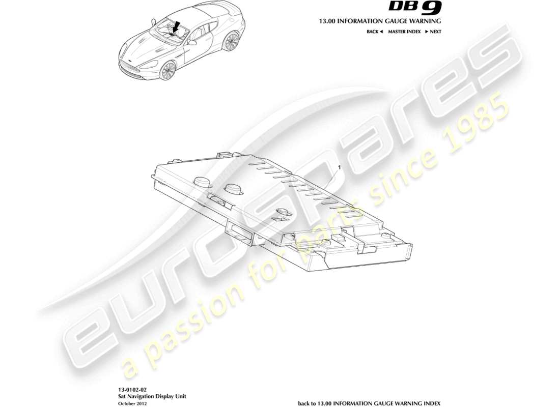 aston martin db9 (2017) diagramme des pièces d'affichage de la navigation par satellite