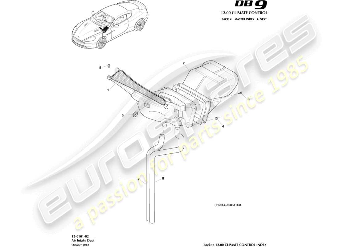 aston martin db9 (2013) schéma des pièces des composants d'admission d'air